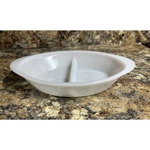 Vintage GLASBAKE J2352 Solid White Milk Glass Oval Divided Serving Dish Bowl